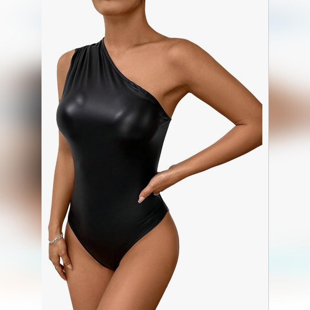 Women's Casual Faux Leather One Shoulder Bodysuit Asymmetrical Neck Sleeveless - Picture 3 of 13
